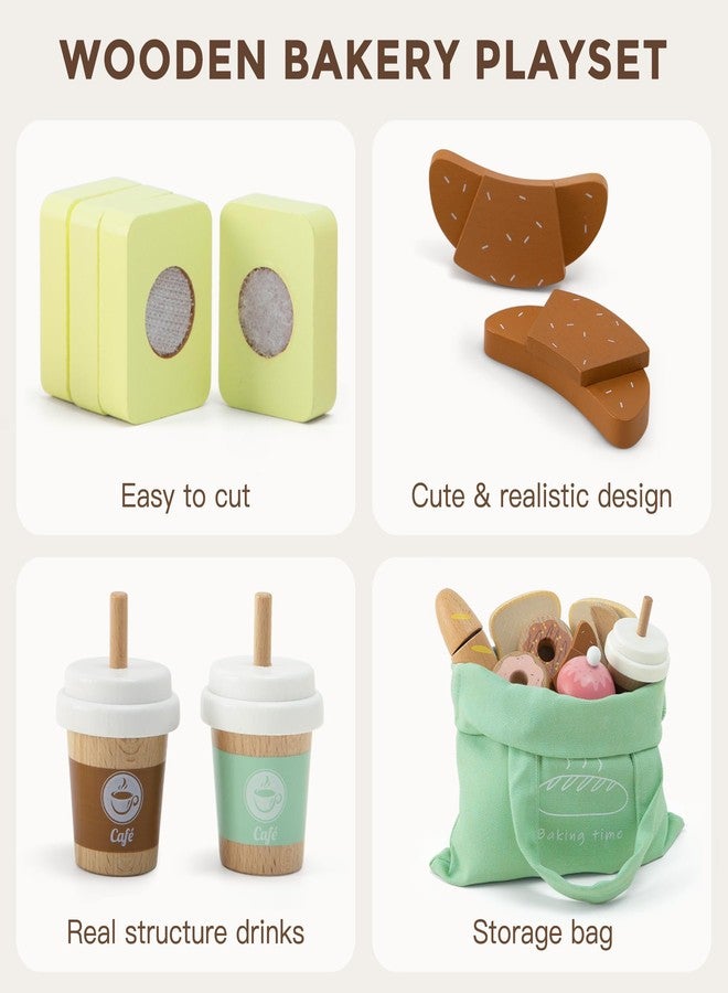 Frogprin 17 PCS Wooden Bakery Toy Food Playset for Kids, Pretend Picnic Play Food for Toddlers 3+, Play Kitchen Accessories with Shopping Bag, Cutting Food Toys, Gift for Girls Boys and Girls - Image 4